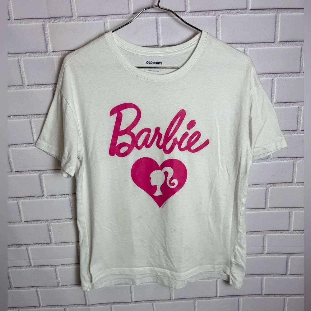 Old Navy White and Pink Barbie Logo Tee/girls size XL